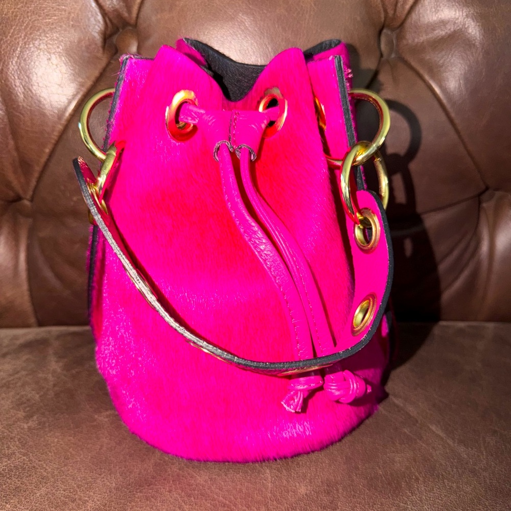 Hot Pink Pony Hair Bucket Bag Leather Drawstring Mini Statement Purse Gold